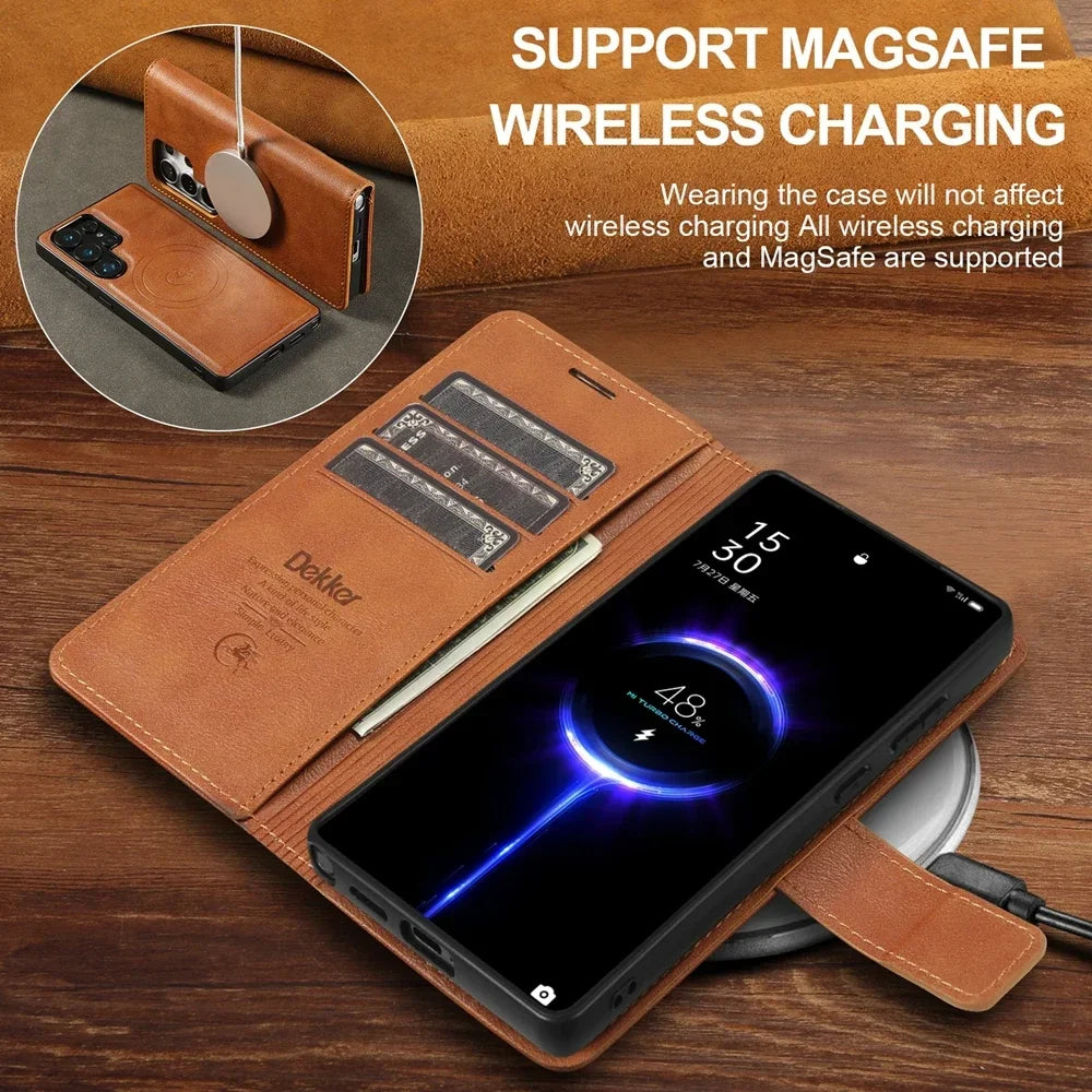 2 in 1 Magnetic Leather Case for Samsung Galaxy S25 Ultra S24 plus S23 + S25Ultra S25U Wireless Charging Card Slot Phone Cover