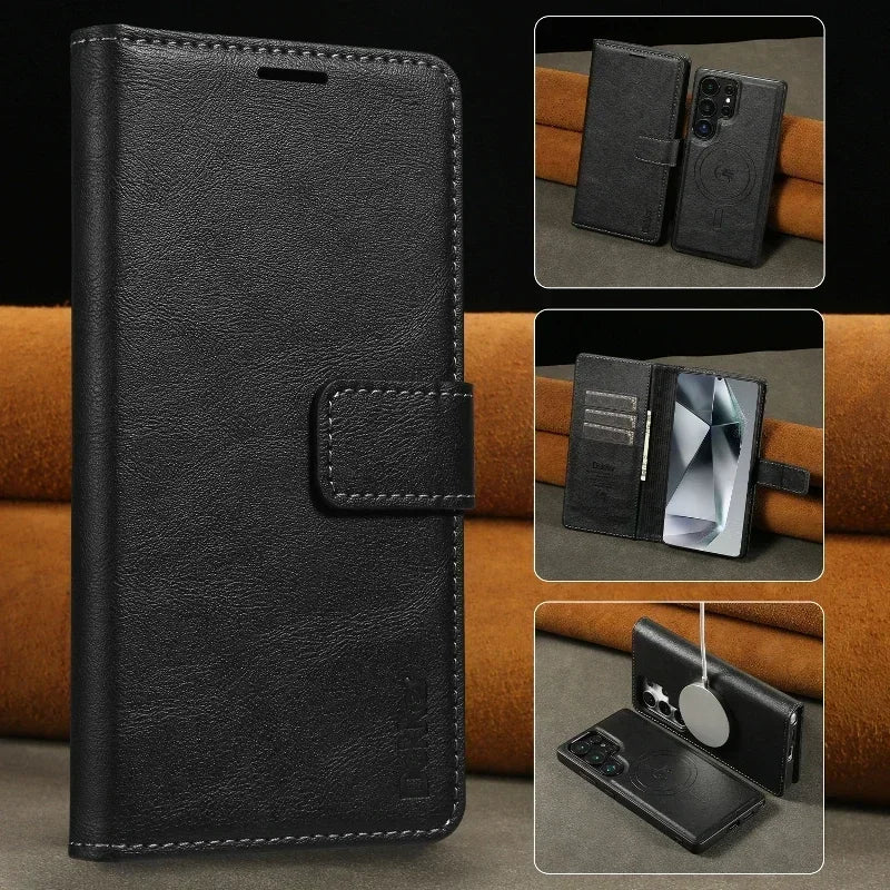 2 in 1 Magnetic Leather Case for Samsung Galaxy S25 Ultra S24 plus S23 + S25Ultra S25U Wireless Charging Card Slot Phone Cover
