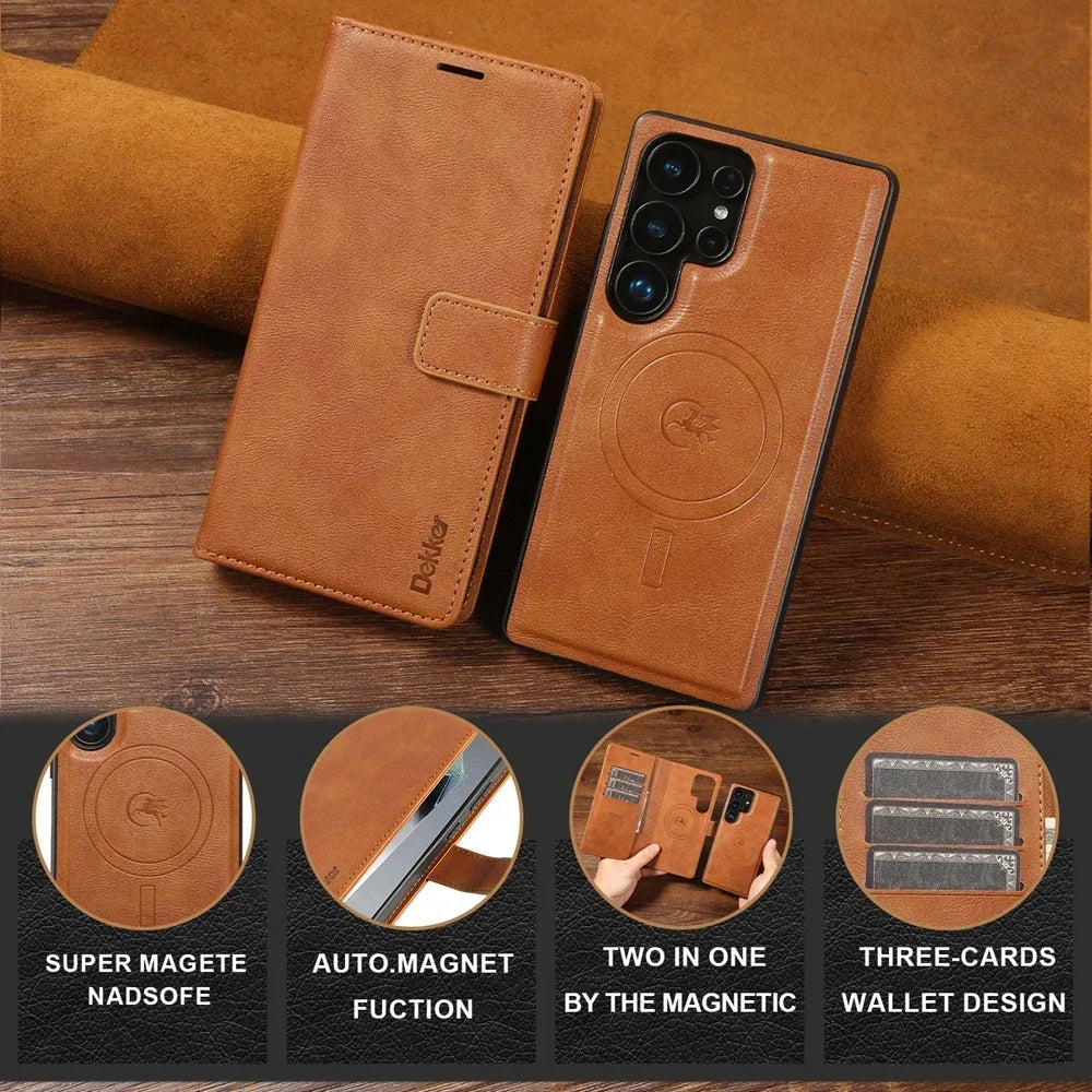 2 in 1 Magnetic Leather Case for Samsung Galaxy S25 Ultra S24 plus S23 + S25Ultra S25U Wireless Charging Card Slot Phone Cover