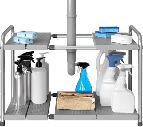 Black two-tier under sink organizer with a sliding lower tray holding bottles