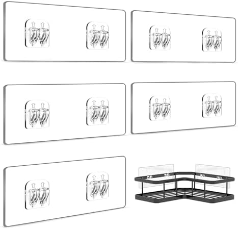 Two black corner shower caddy shelves with hooks, mounted with adhesive pads
