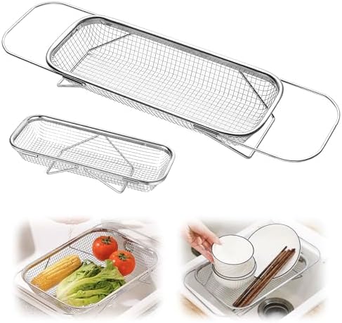 White expandable colander basket sitting across a kitchen sink with vegetables in it