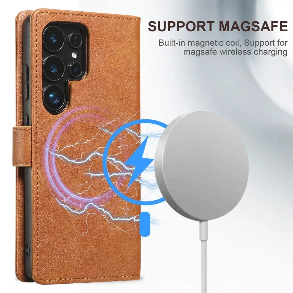 2 in 1 Magnetic Leather Case for Samsung Galaxy S25 Ultra S24 plus S23 + S25Ultra S25U Wireless Charging Card Slot Phone Cover