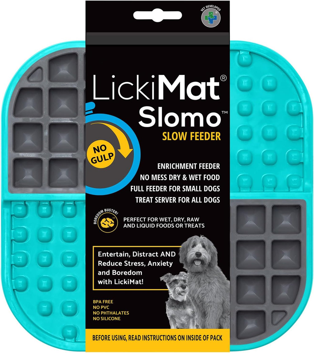 Two grey and beige silicone lick mats with textured patterns and suction cup backing