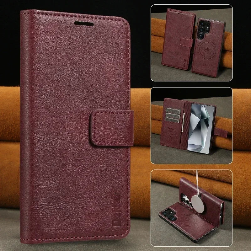 2 in 1 Magnetic Leather Case for Samsung Galaxy S25 Ultra S24 plus S23 + S25Ultra S25U Wireless Charging Card Slot Phone Cover