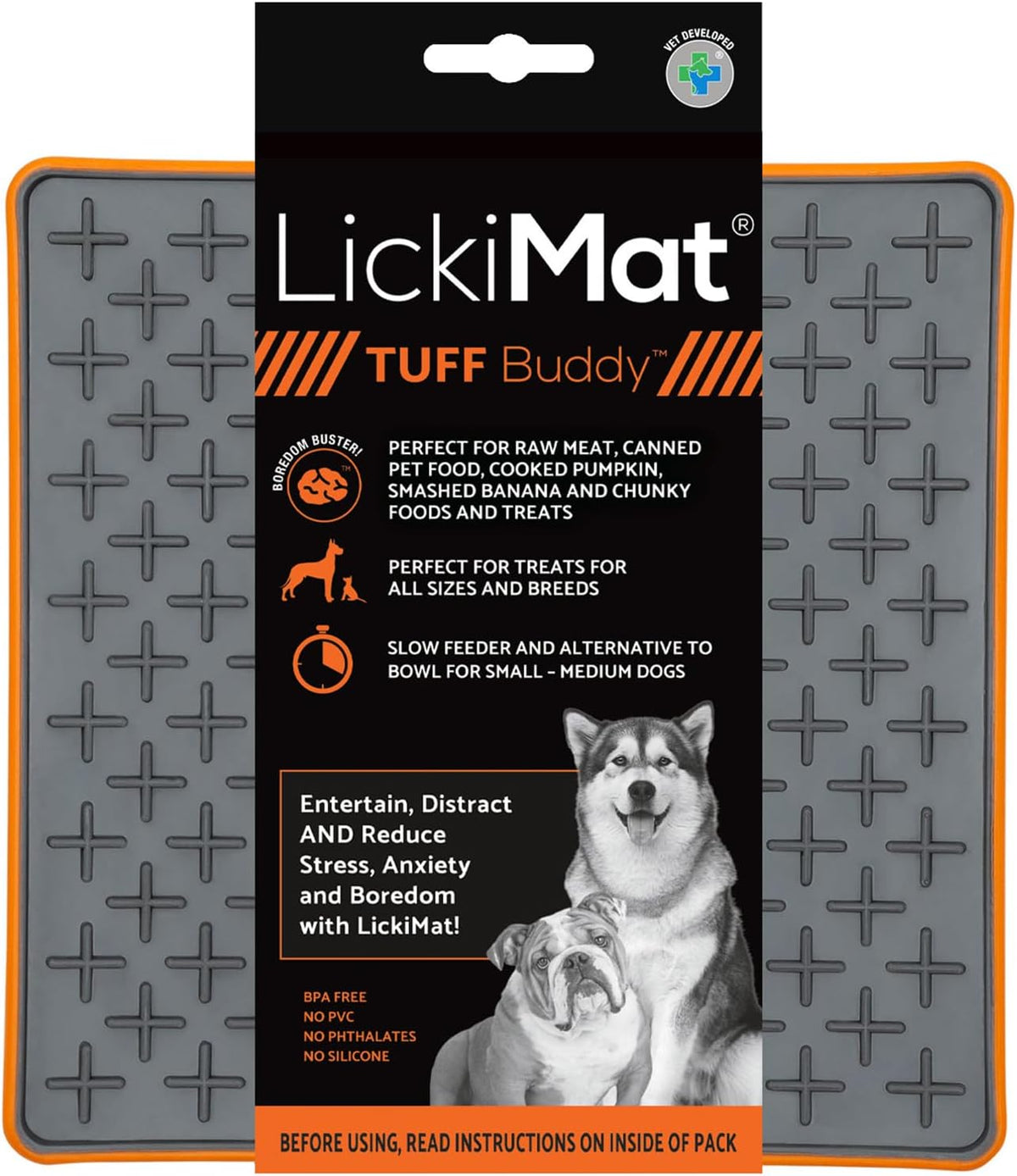 Two grey and beige silicone lick mats with textured patterns and suction cup backing