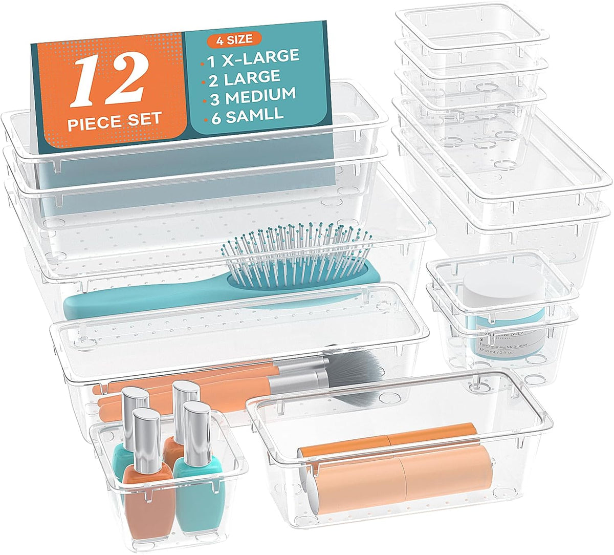 Clear plastic drawer organizer trays in several sizes arranged in a drawer