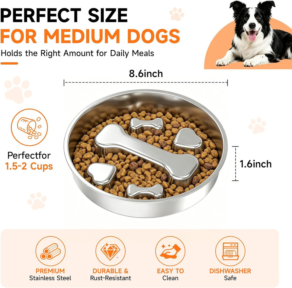 Stainless steel slow feeder dog bowl with raised bone-shaped obstacles