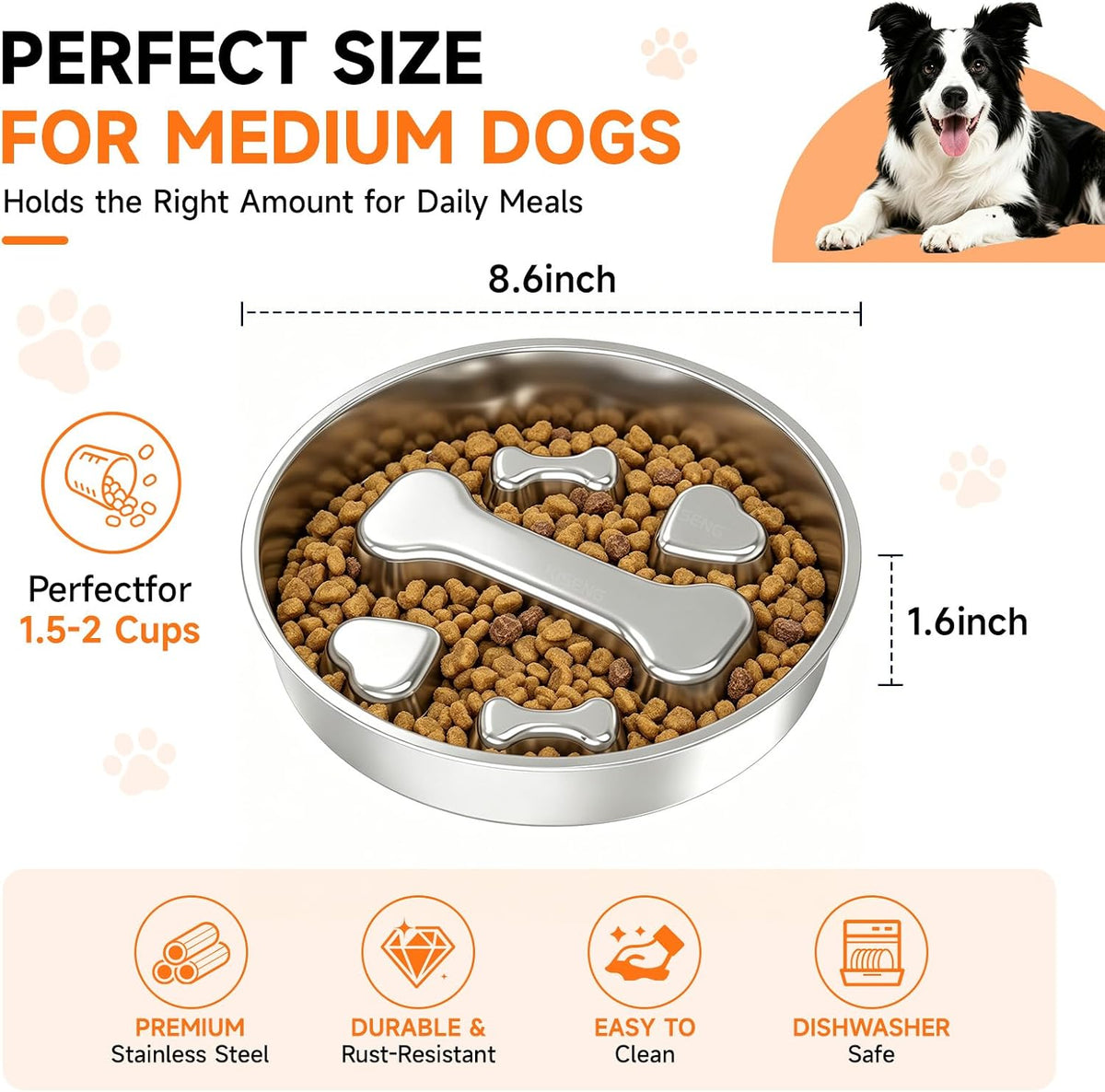 Stainless steel slow feeder dog bowl with raised bone-shaped obstacles