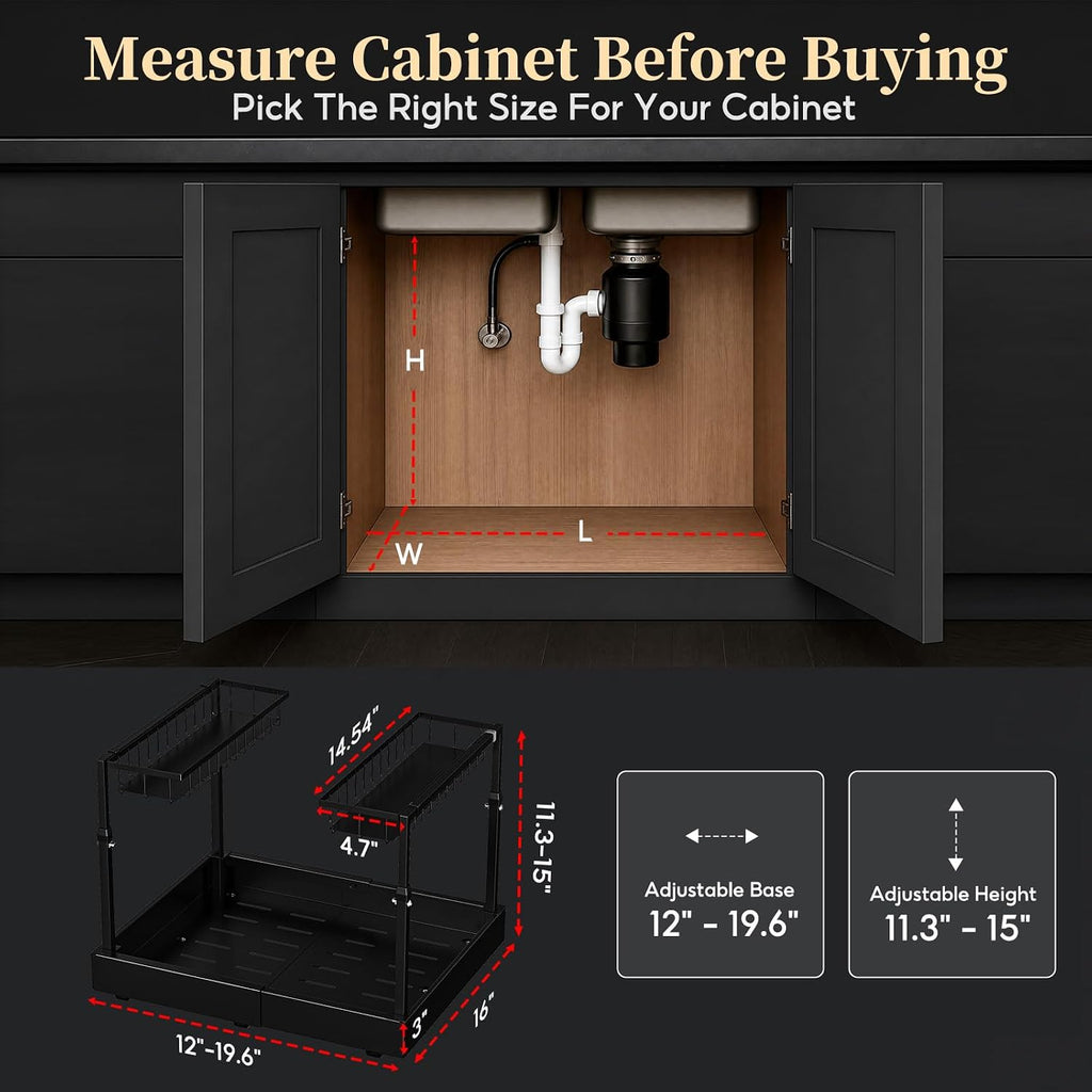 Black two-tier under sink organizer with a sliding lower tray holding bottles