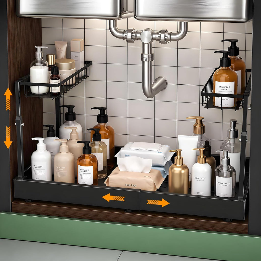 Black two-tier under sink organizer with a sliding lower tray holding bottles