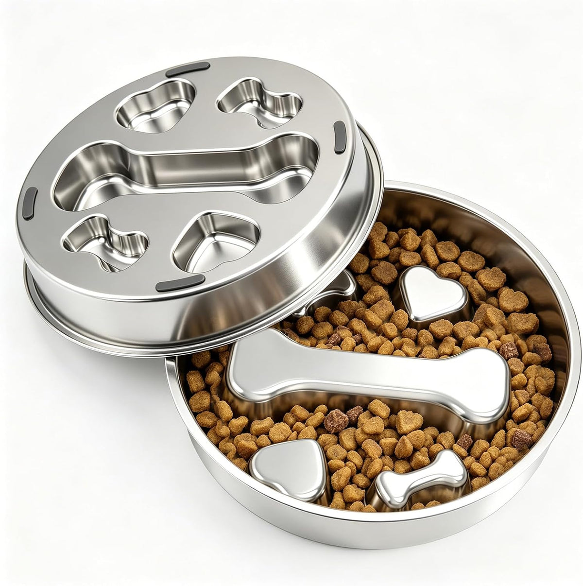 Stainless steel slow feeder dog bowl with raised bone-shaped obstacles