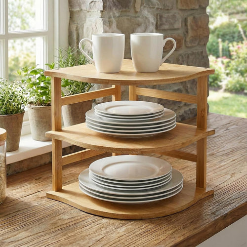3-tier bamboo corner shelf holding plates and jars in a kitchen corner