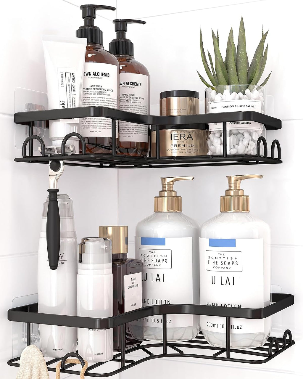 Two black corner shower caddy shelves with hooks, mounted with adhesive pads