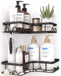 Two black corner shower caddy shelves with hooks, mounted with adhesive pads