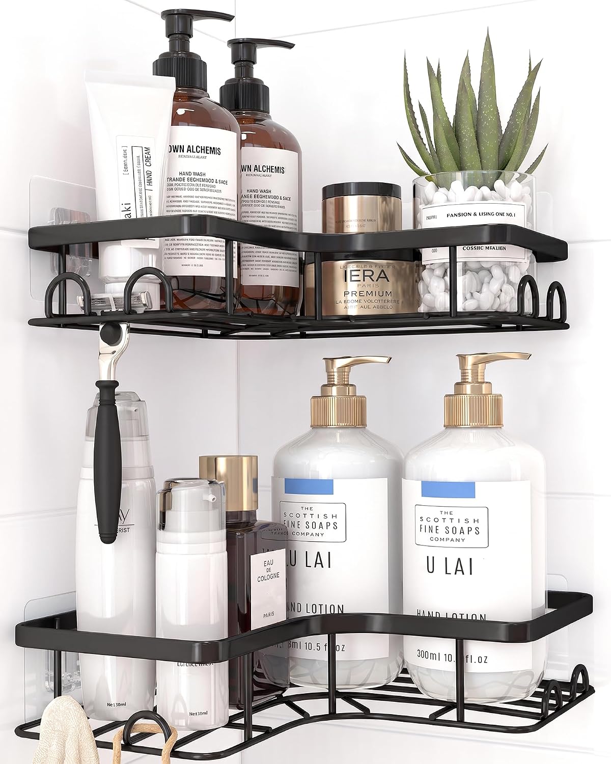 Two black corner shower caddy shelves with hooks, mounted with adhesive pads