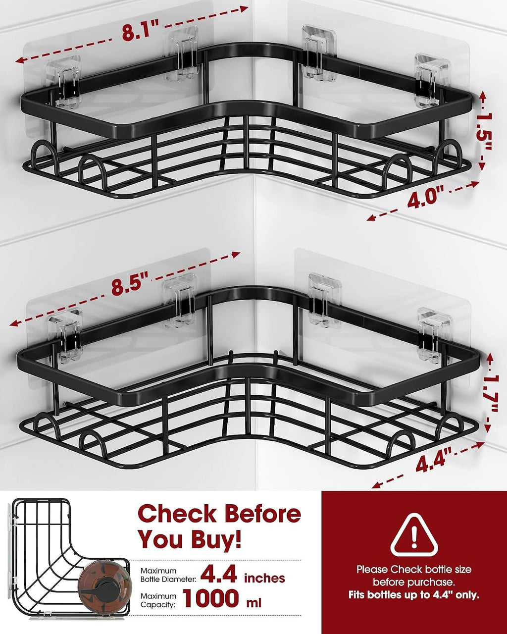 Two black corner shower caddy shelves with hooks, mounted with adhesive pads