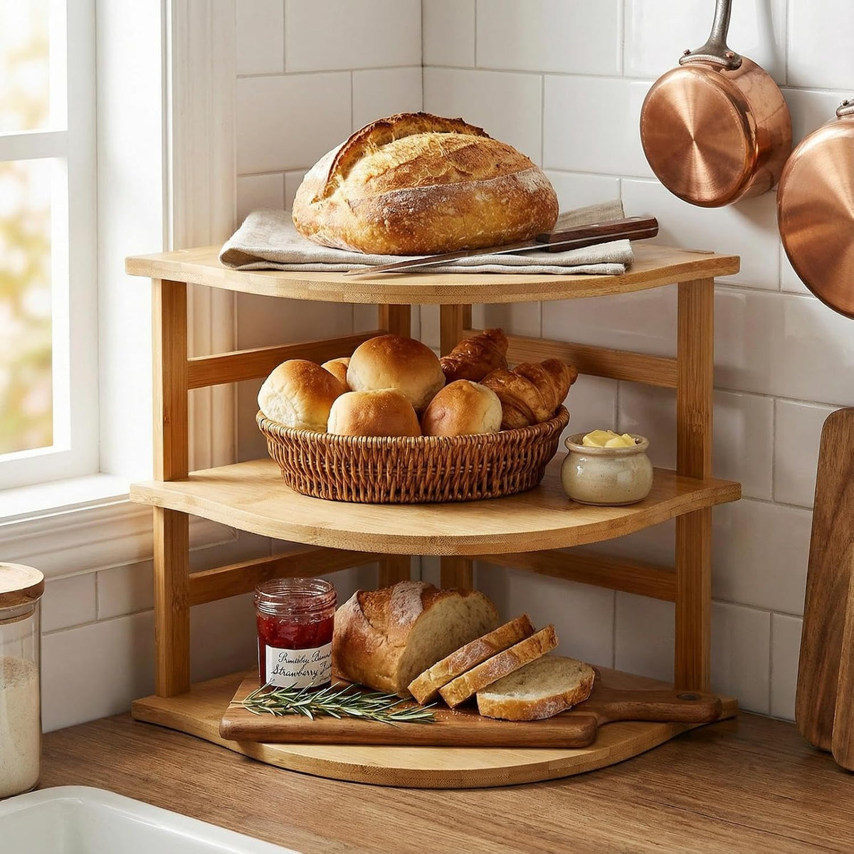 3-tier bamboo corner shelf holding plates and jars in a kitchen corner