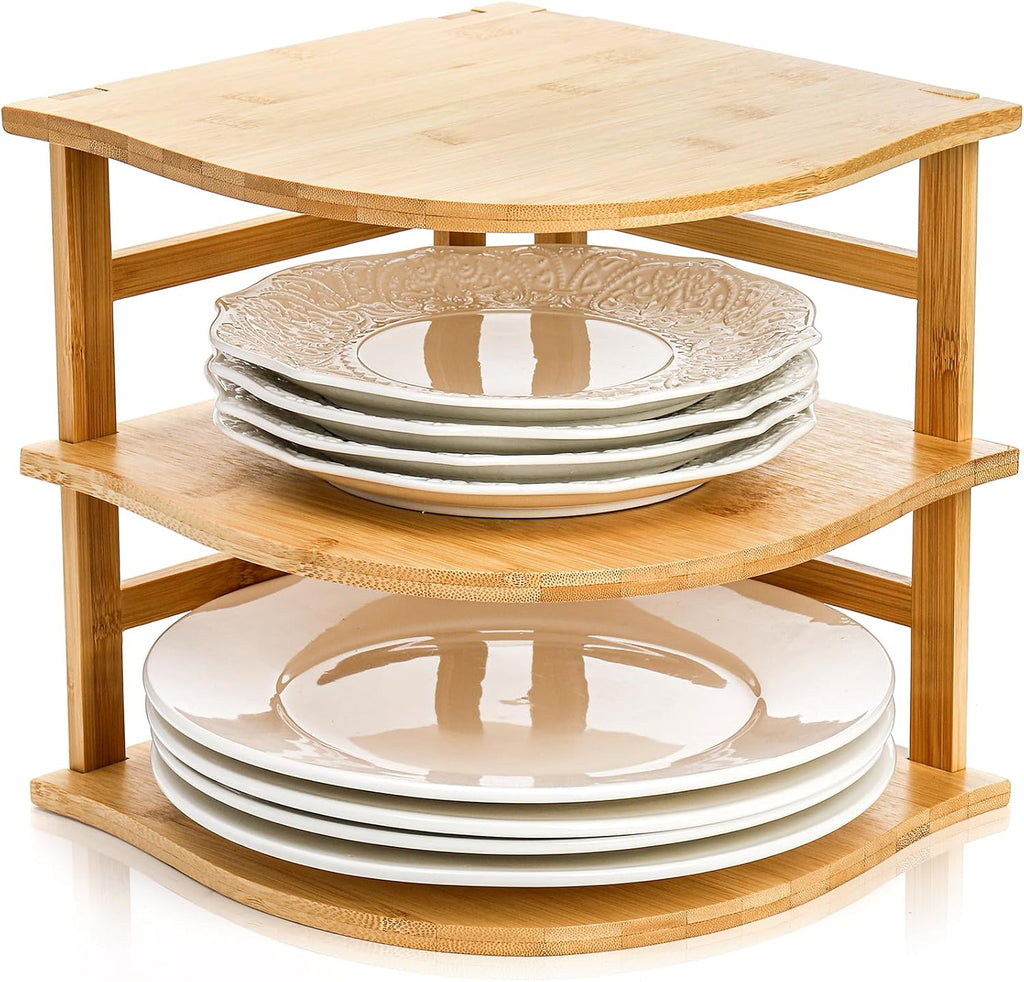 3-tier bamboo corner shelf holding plates and jars in a kitchen corner