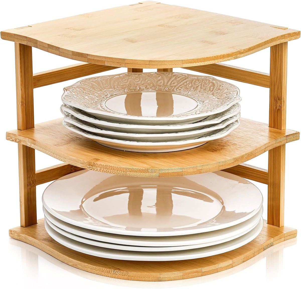 3-tier bamboo corner shelf holding plates and jars in a kitchen corner