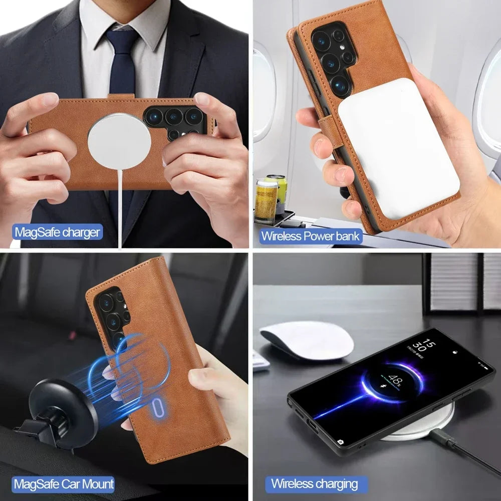 2 in 1 Magnetic Leather Case for Samsung Galaxy S25 Ultra S24 plus S23 + S25Ultra S25U Wireless Charging Card Slot Phone Cover